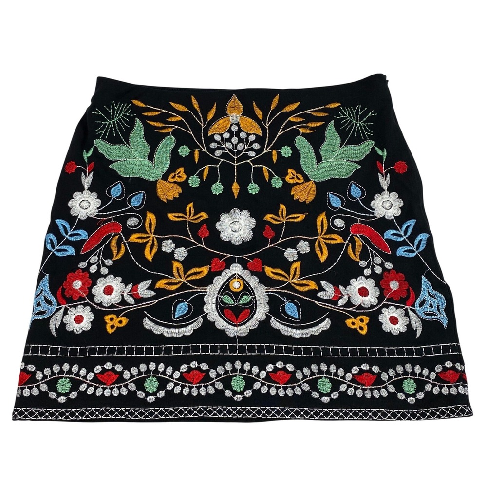 Verte Mini Skirt Women Medium Black Floral Embroidered Mini Boho Folk Festival